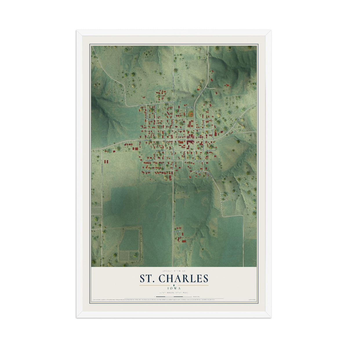 Map of St. Charles, Iowa, 12 x 18 inch print in a white wood frame