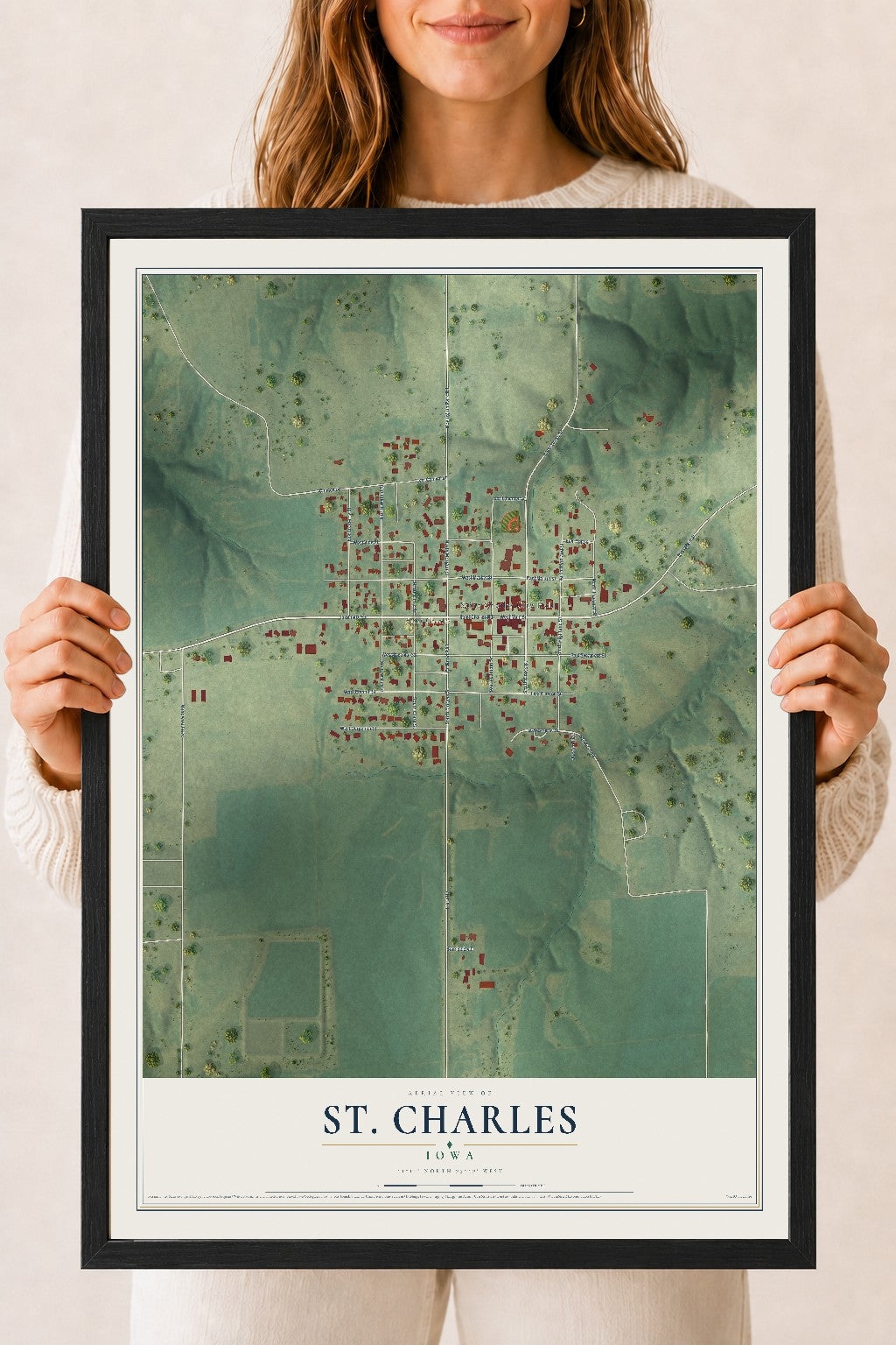 Map of St. Charles, Iowa, 18 x 24 inch print in a black wood frame