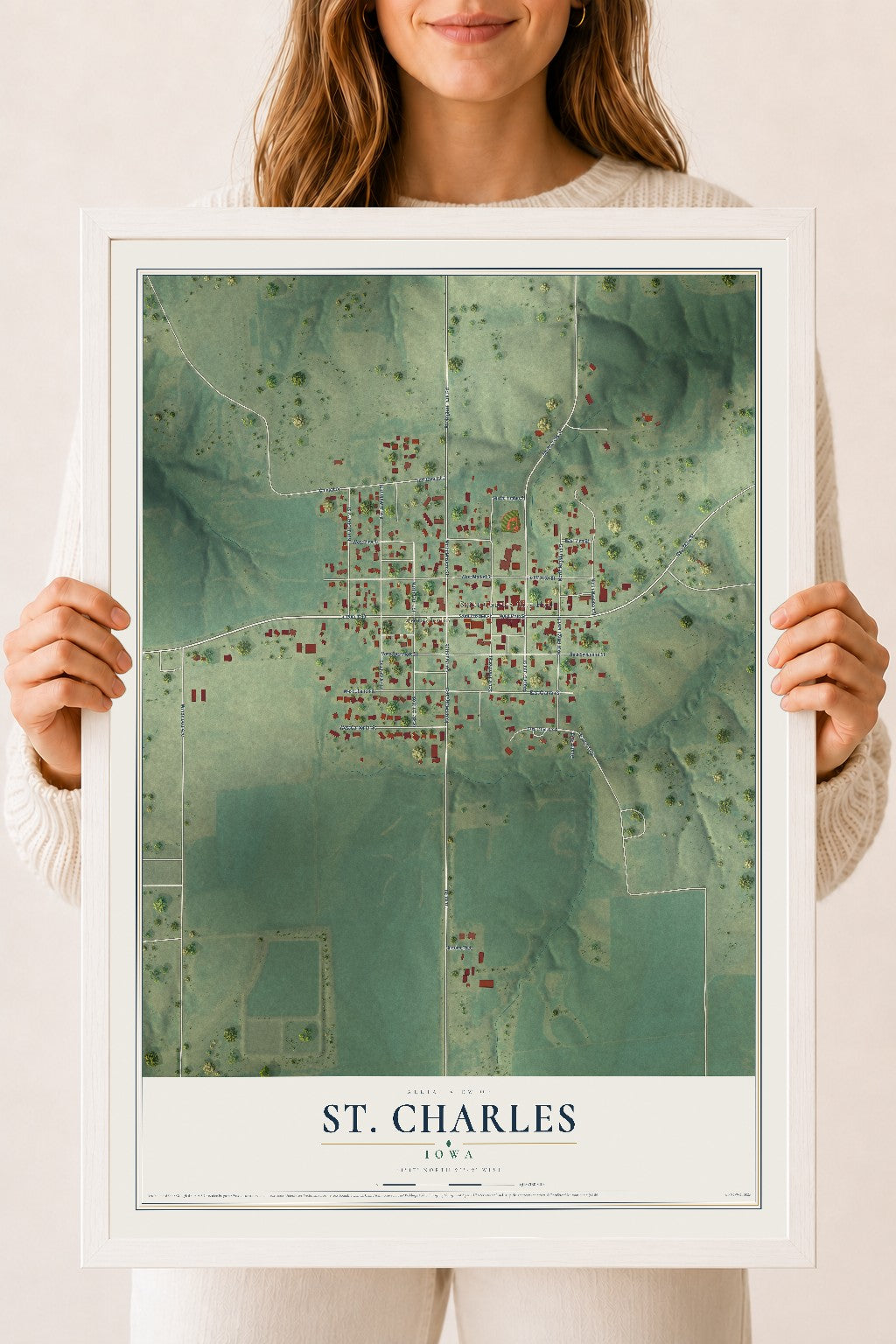 Map of St. Charles, Iowa, 18 x 24 inch print in a white wood frame