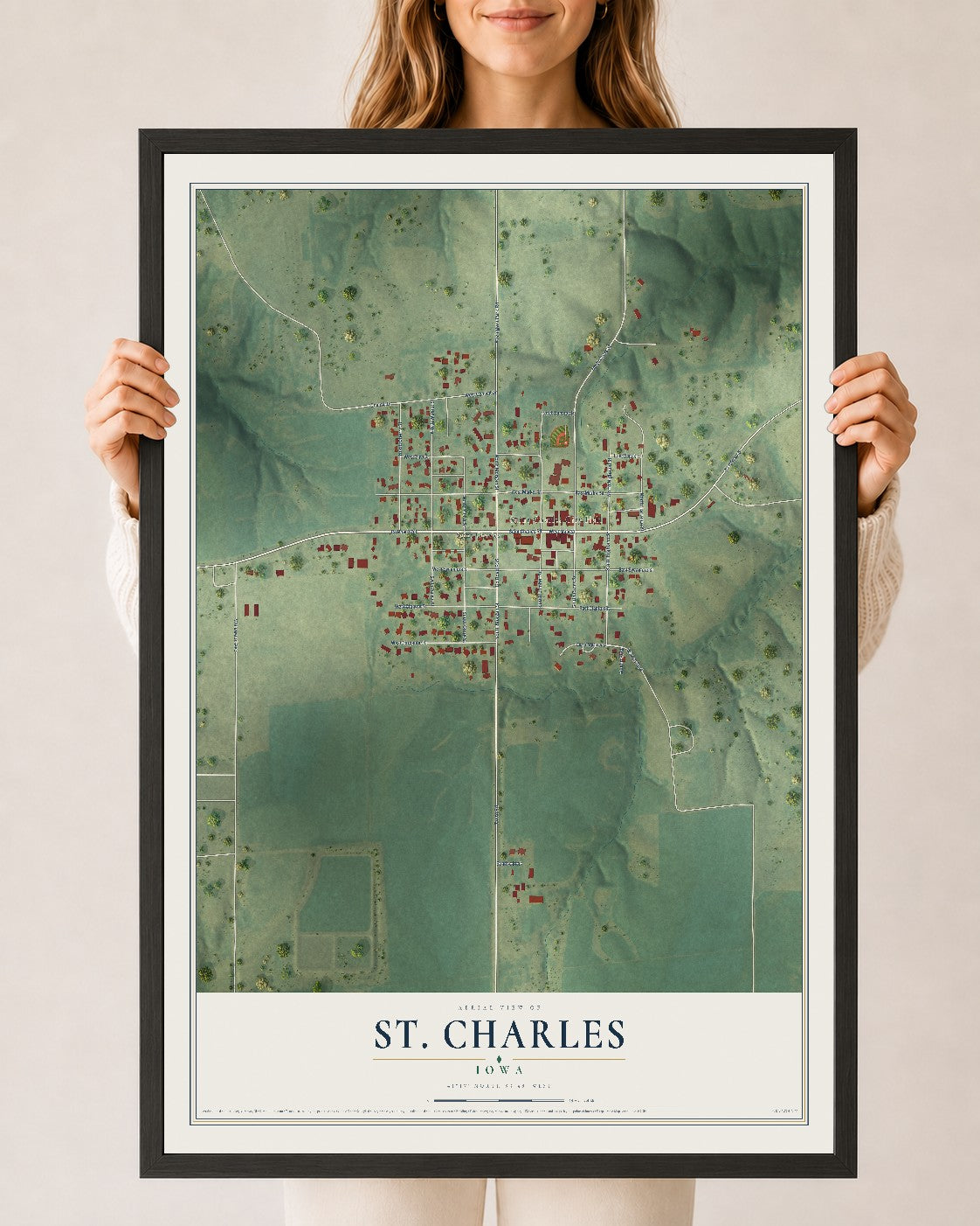 Map of St. Charles, Iowa, 24 x 36 inch print in a black wood frame