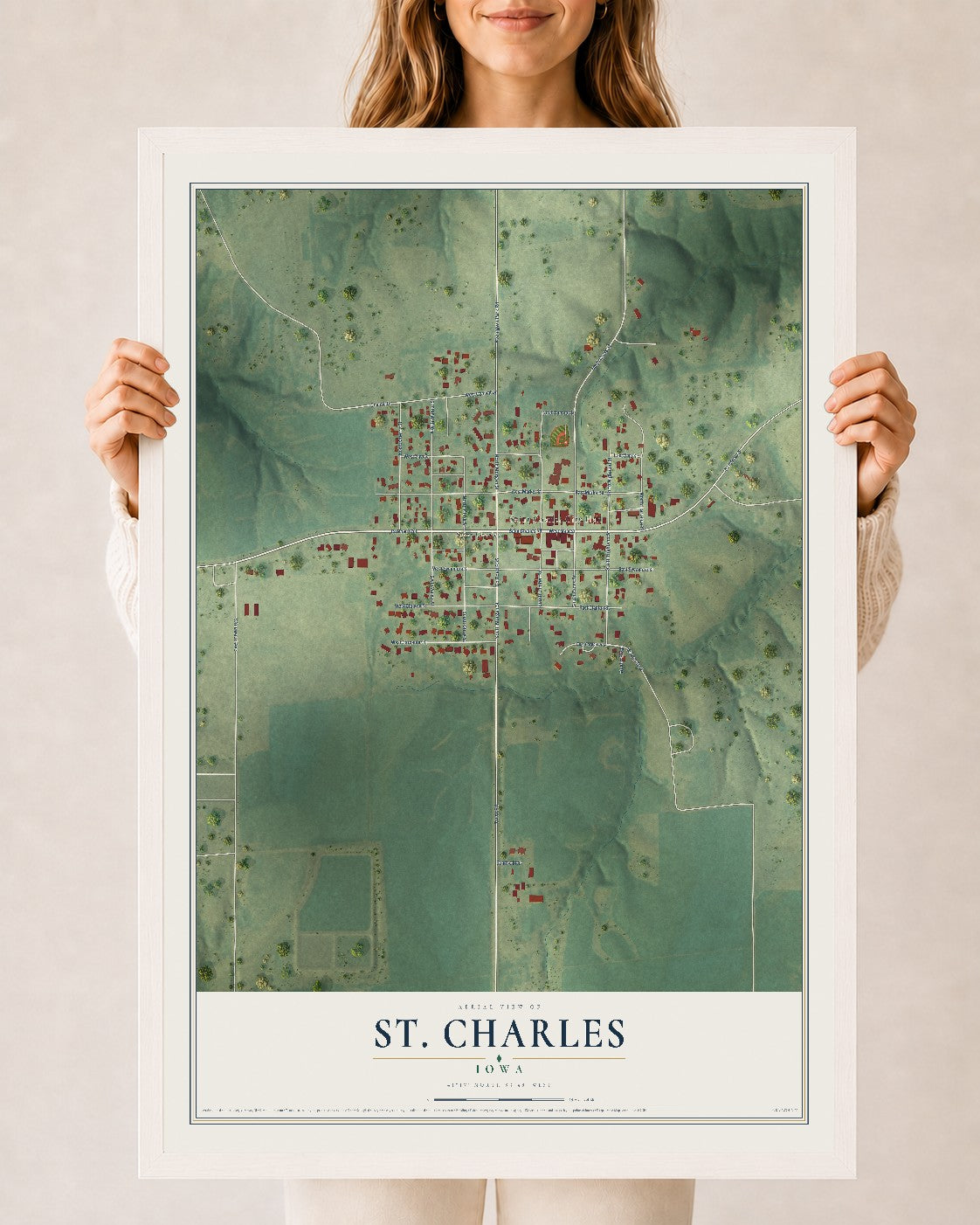 Map of St. Charles, Iowa, 24 x 36 inch print in a white wood frame