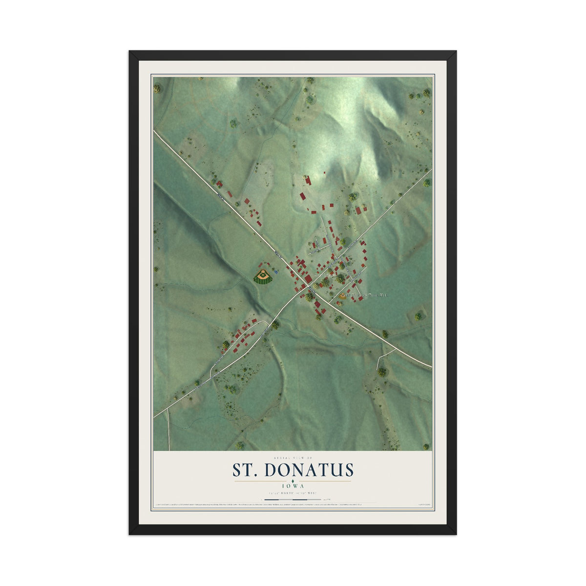 Map of St. Donatus, Iowa, 12 x 18 inch print in a black wood frame