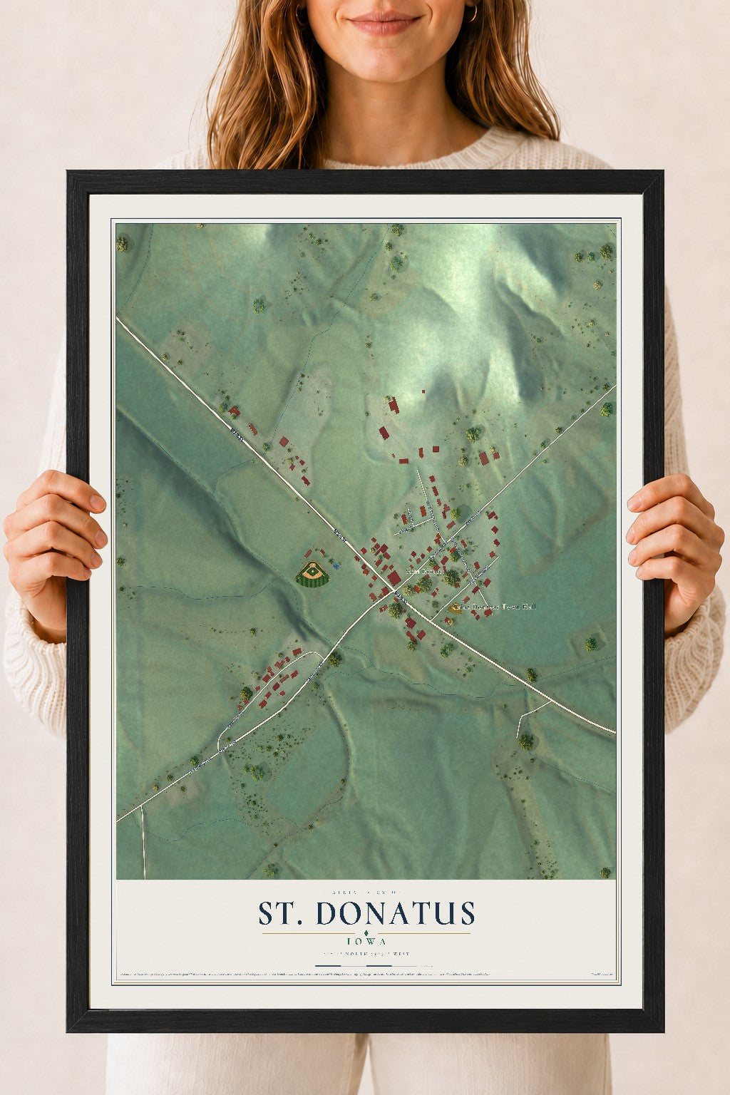 Map of St. Donatus, Iowa, 18 x 24 inch print in a black wood frame