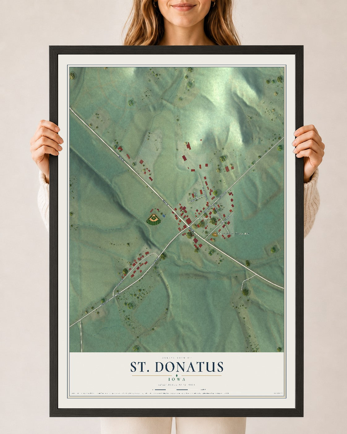 Map of St. Donatus, Iowa, 24 x 36 inch print in a black wood frame