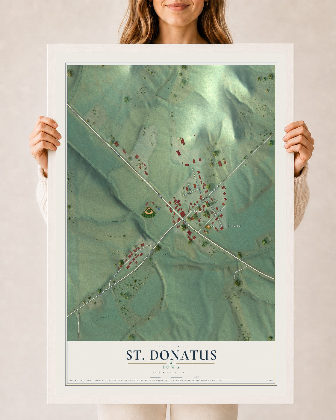 Map of St. Donatus, Iowa, 24 x 36 inch print in a white wood frame