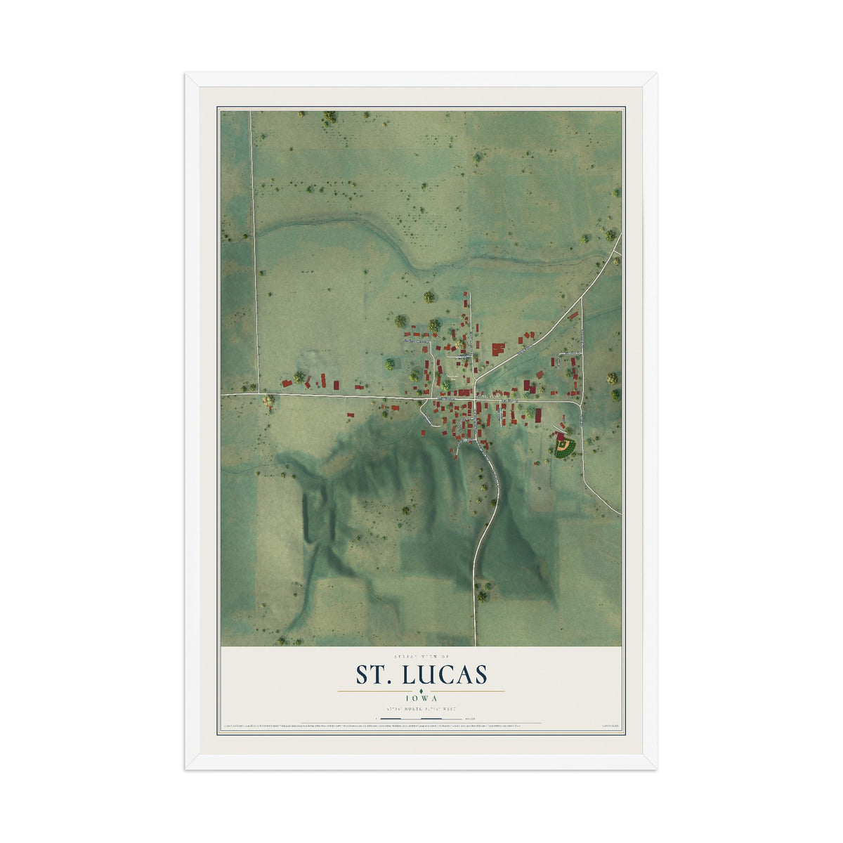 Map of St. Lucas, Iowa, 12 x 18 inch print in a white wood frame