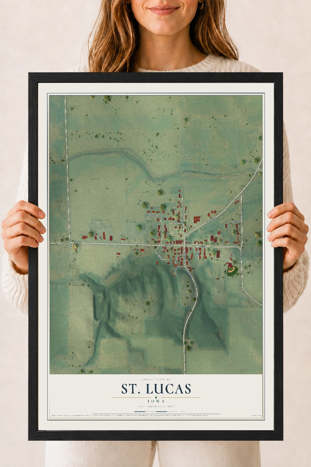 Map of St. Lucas, Iowa, 18 x 24 inch print in a black wood frame