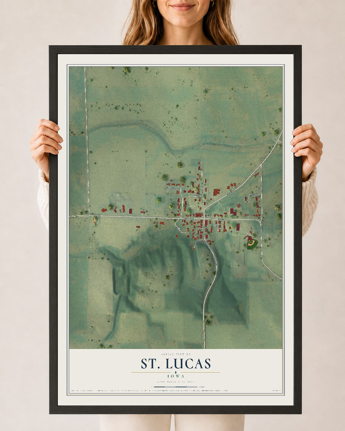 Map of St. Lucas, Iowa, 24 x 36 inch print in a black wood frame