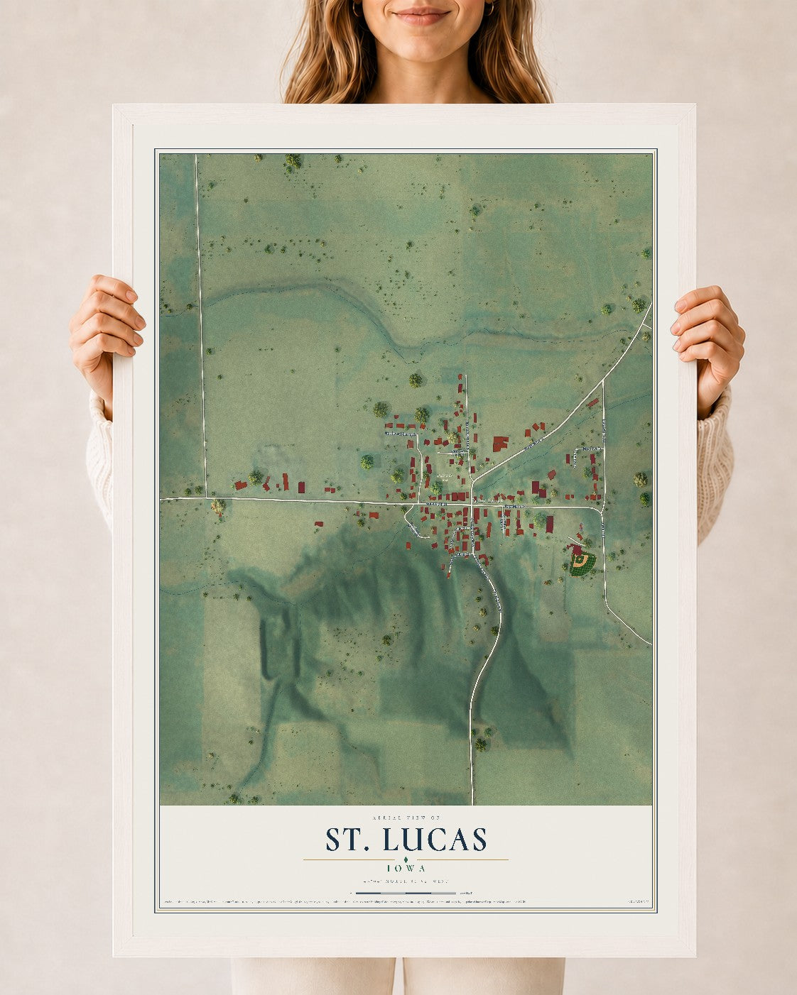 Map of St. Lucas, Iowa, 24 x 36 inch print in a white wood frame