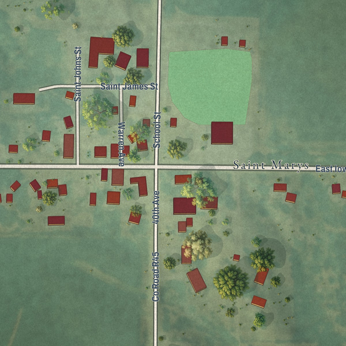 Close-up of the map of St. Marys, Iowa print showing street and building detail