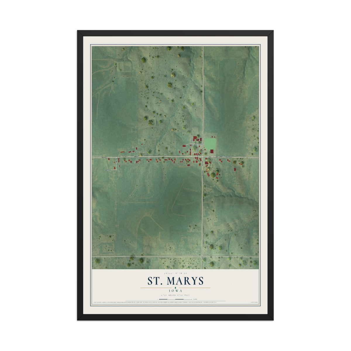 Map of St. Marys, Iowa, 12 x 18 inch print in a black wood frame