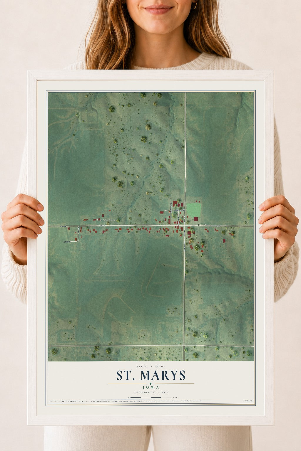 Map of St. Marys, Iowa, 18 x 24 inch print in a white wood frame
