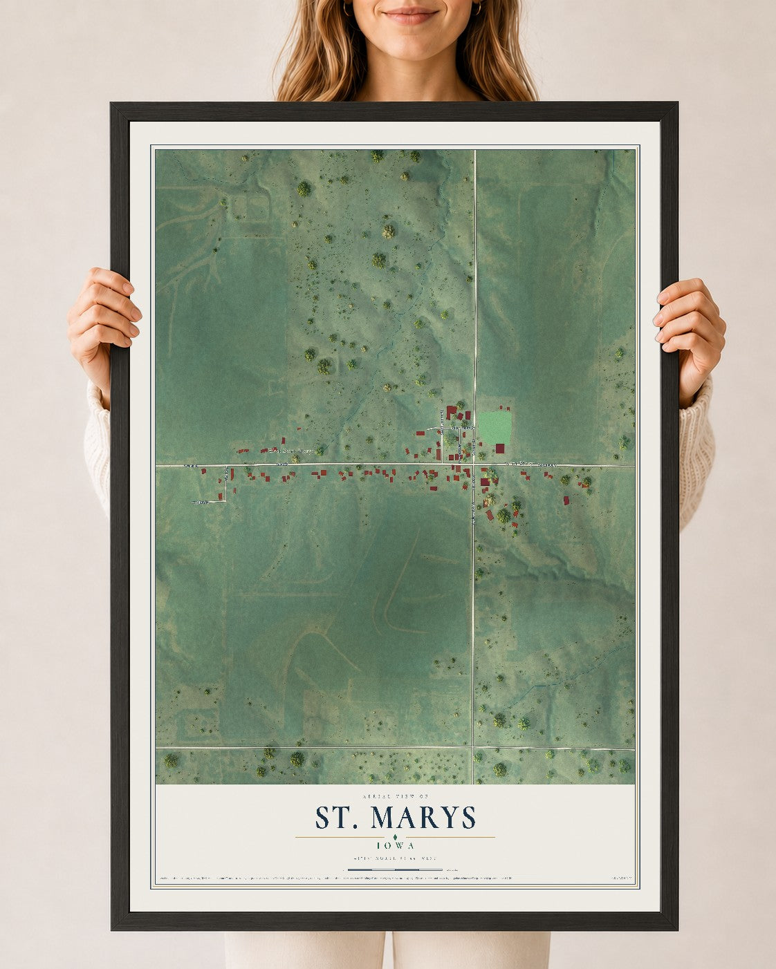 Map of St. Marys, Iowa, 24 x 36 inch print in a black wood frame