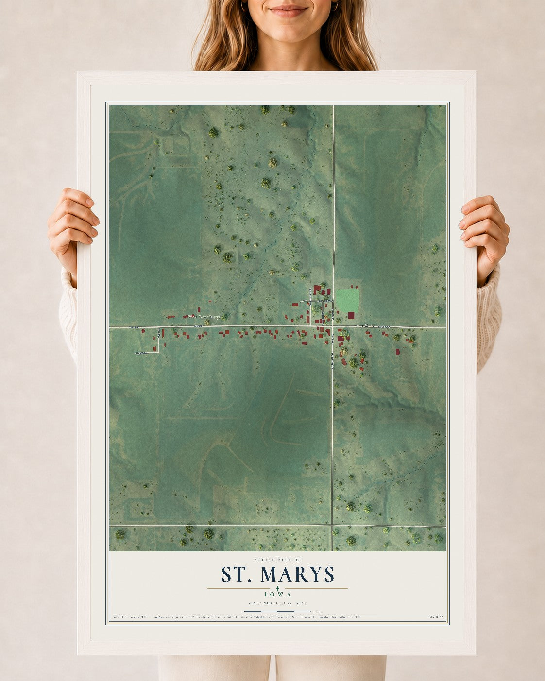 Map of St. Marys, Iowa, 24 x 36 inch print in a white wood frame