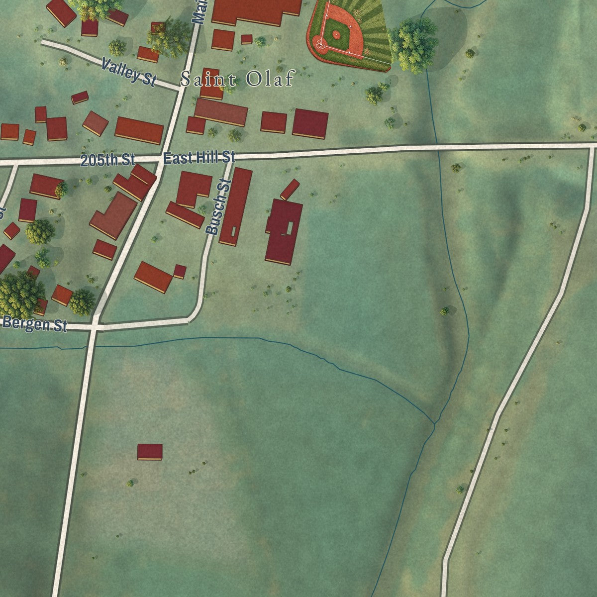 Close-up of the map of St. Olaf, Iowa print showing street and building detail