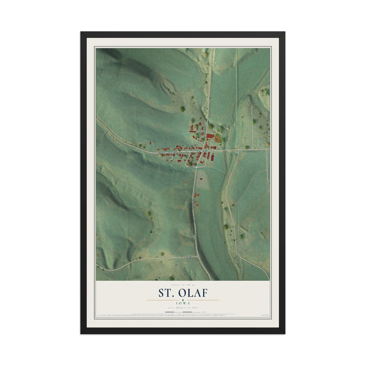 Map of St. Olaf, Iowa, 12 x 18 inch print in a black wood frame