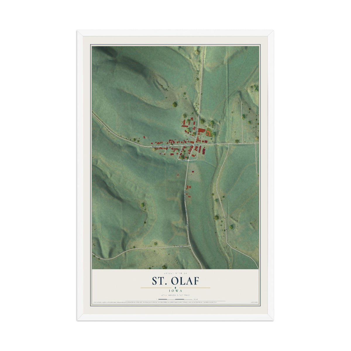 Map of St. Olaf, Iowa, 12 x 18 inch print in a white wood frame
