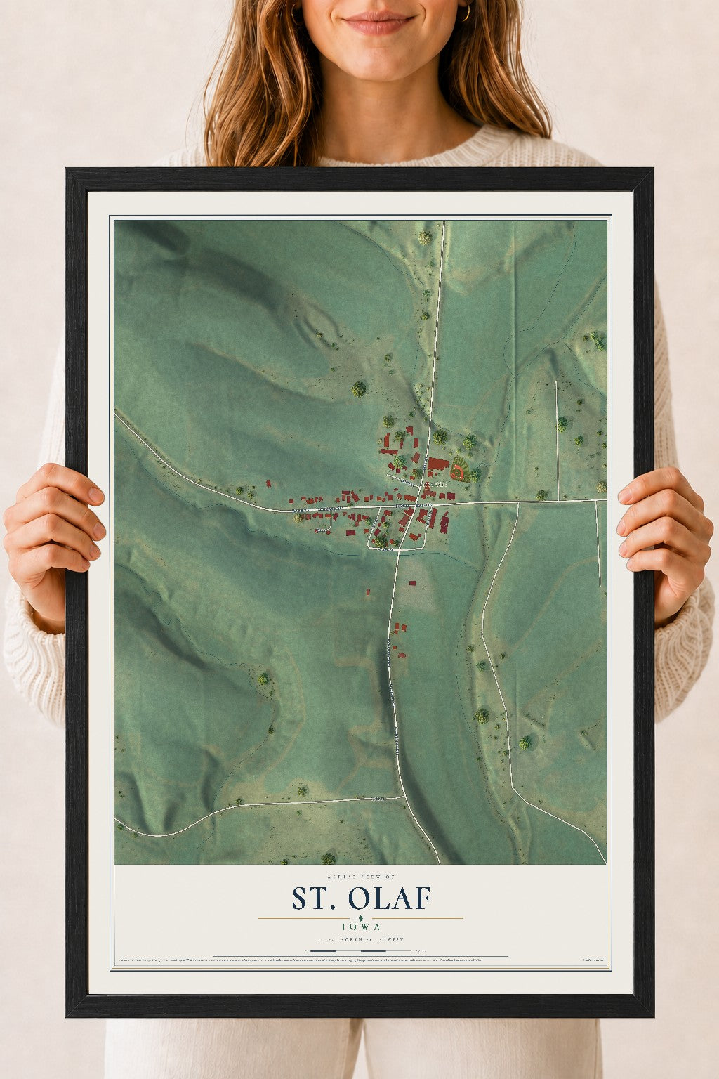 Map of St. Olaf, Iowa, 18 x 24 inch print in a black wood frame