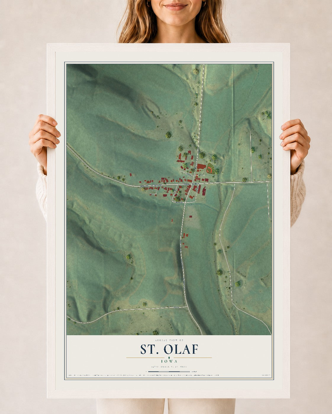 Map of St. Olaf, Iowa, 24 x 36 inch print in a white wood frame
