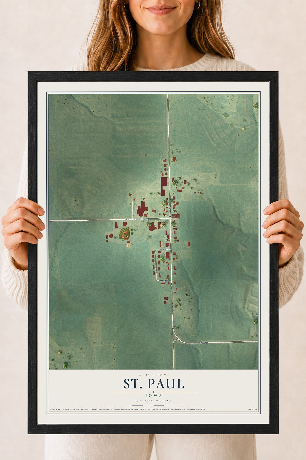 Map of St. Paul, Iowa, 18 x 24 inch print in a black wood frame