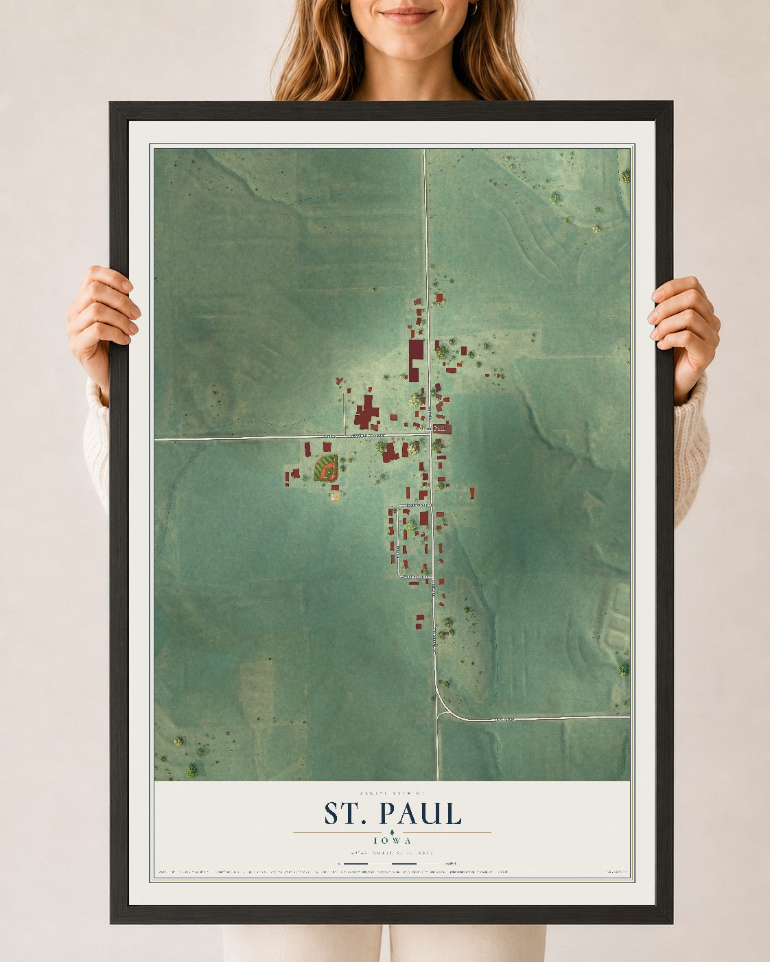 Map of St. Paul, Iowa, 24 x 36 inch print in a black wood frame