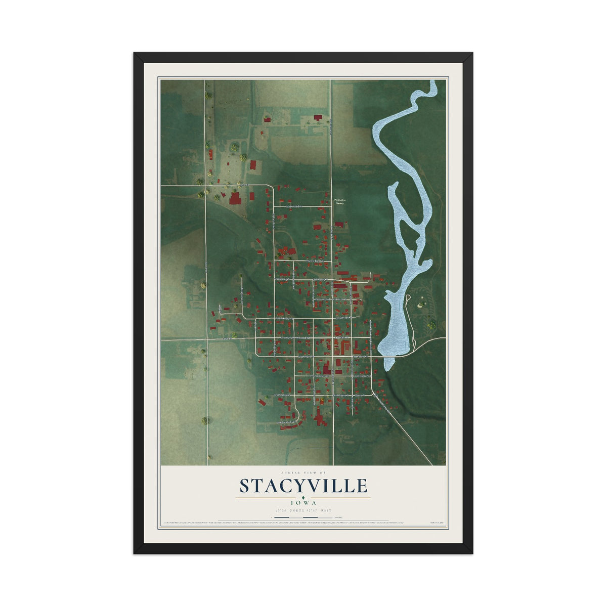 Map of Stacyville, Iowa, 12 x 18 inch print in a black wood frame