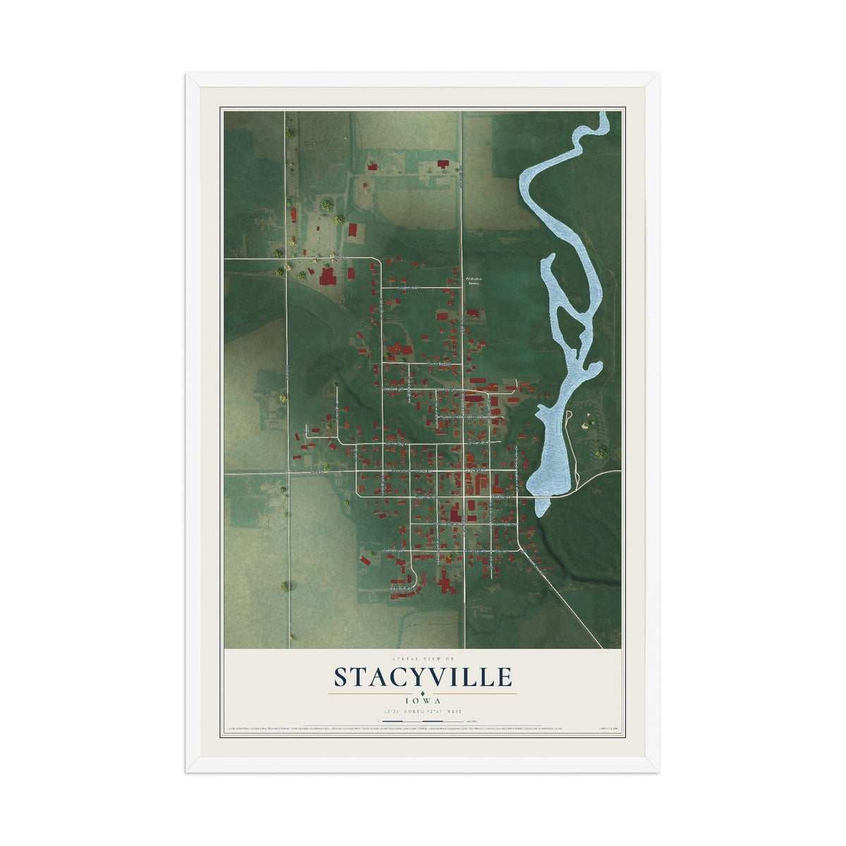 Map of Stacyville, Iowa, 12 x 18 inch print in a white wood frame