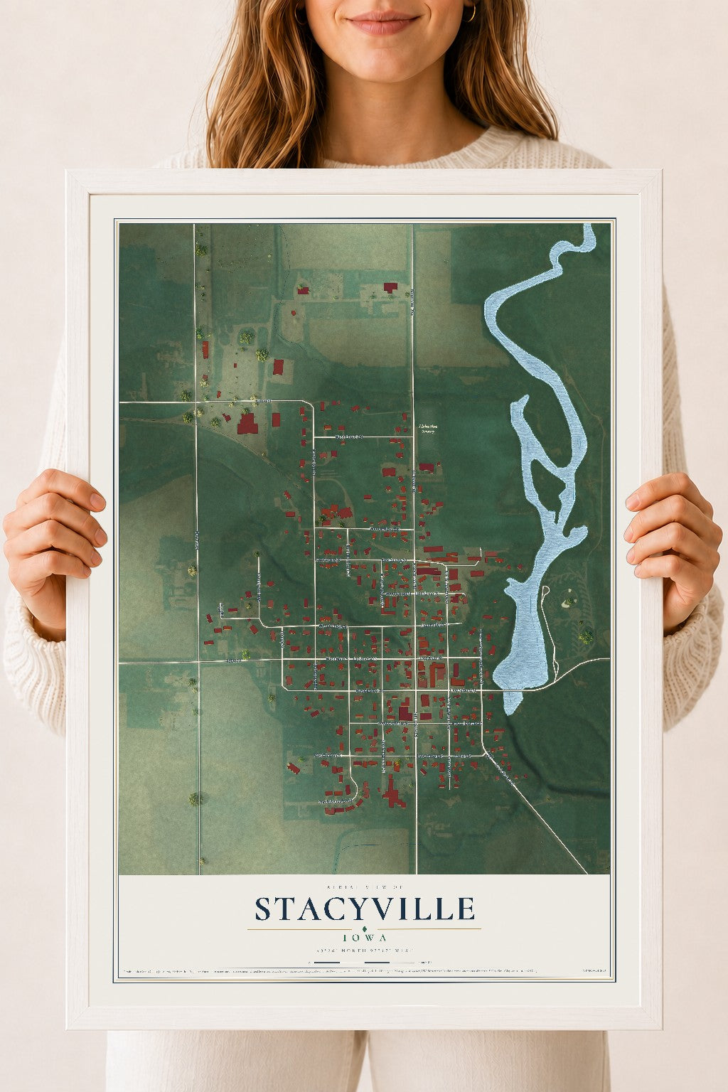 Map of Stacyville, Iowa, 18 x 24 inch print in a white wood frame