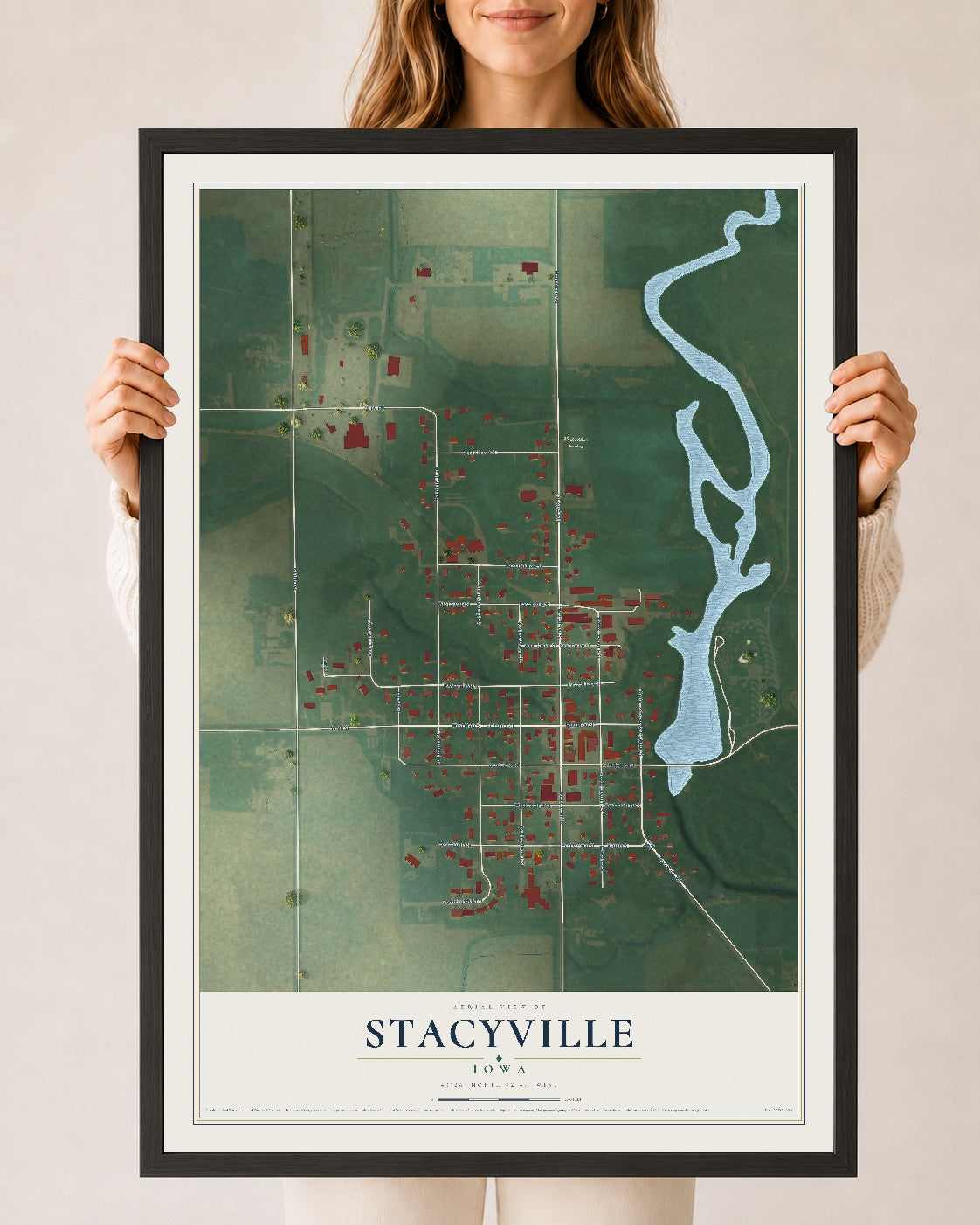 Map of Stacyville, Iowa, 24 x 36 inch print in a black wood frame