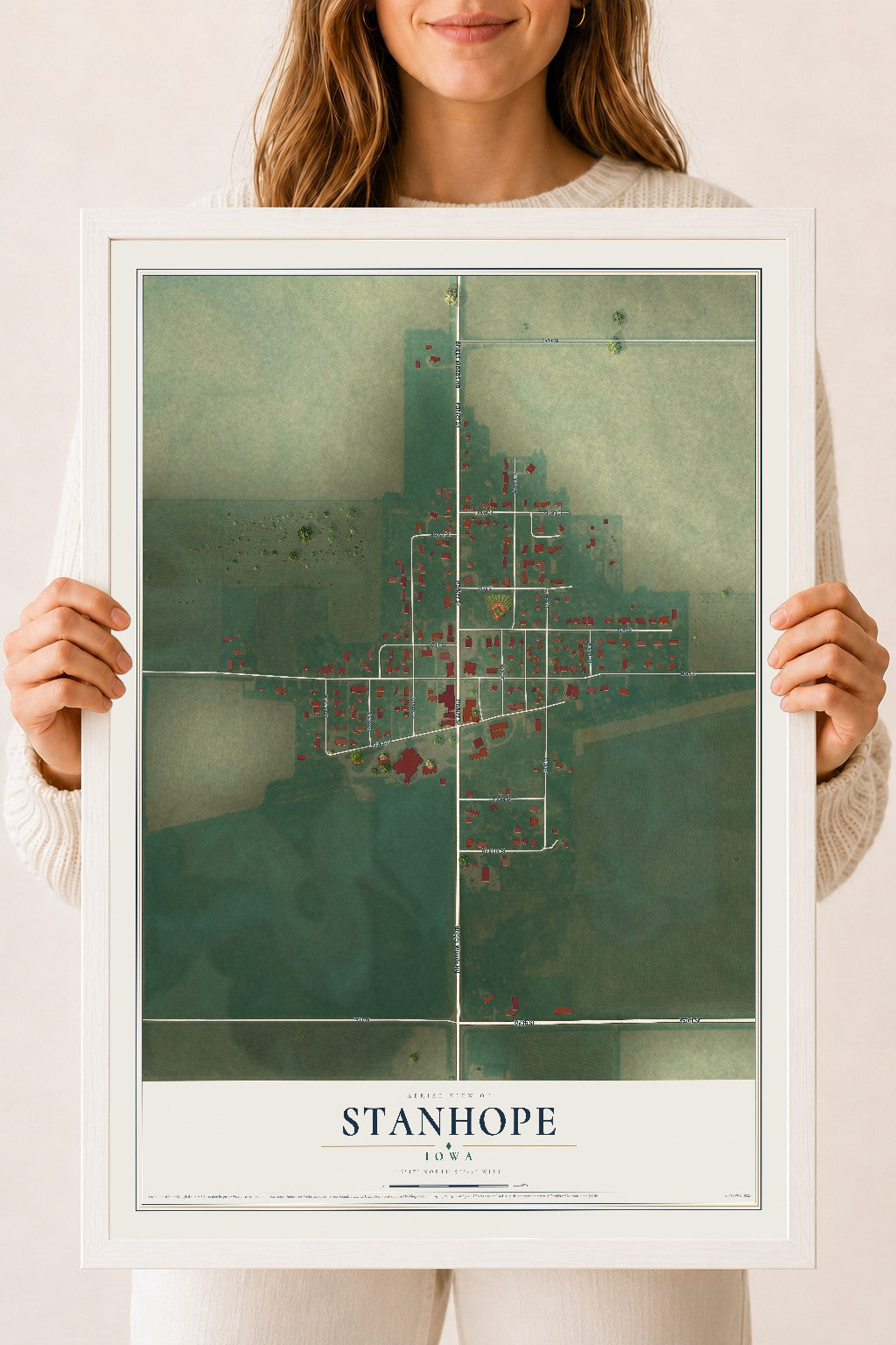 Map of Stanhope, Iowa, 18 x 24 inch print in a white wood frame