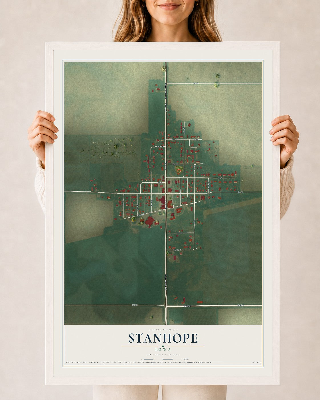Map of Stanhope, Iowa, 24 x 36 inch print in a white wood frame