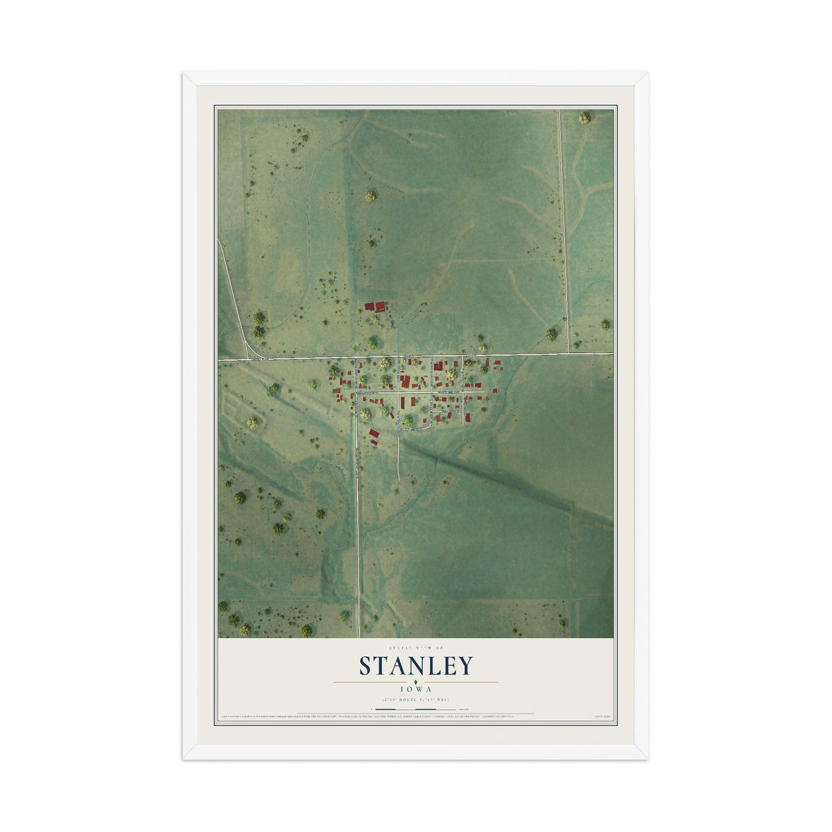 Map of Stanley, Iowa, 12 x 18 inch print in a white wood frame
