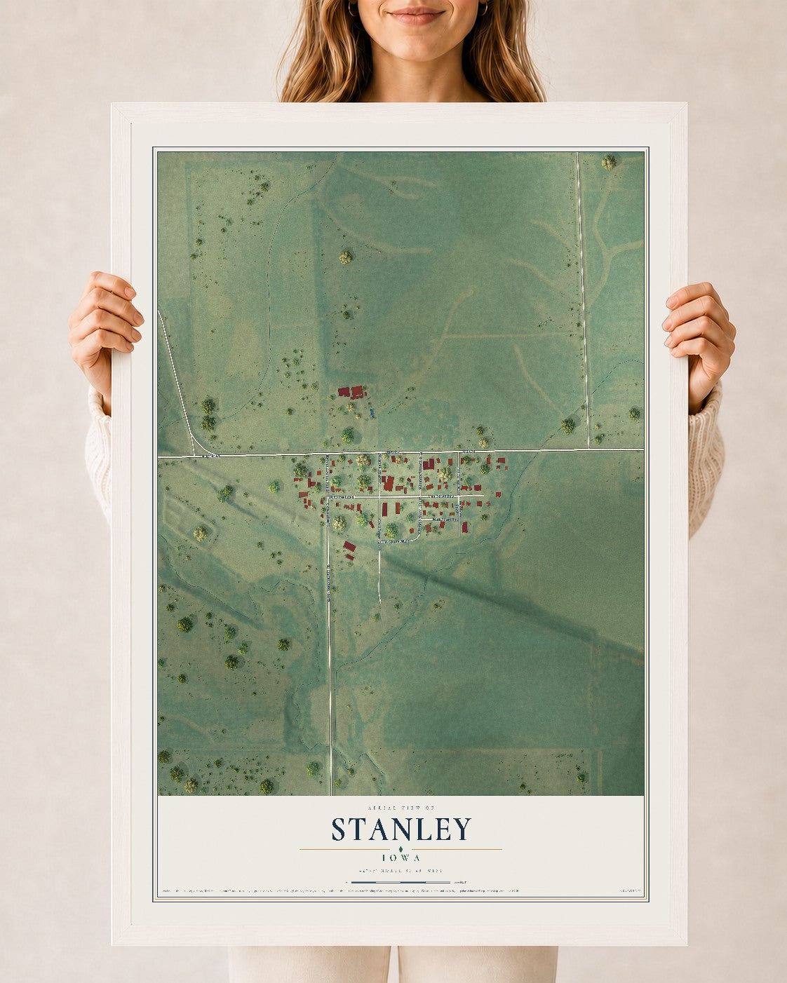 Map of Stanley, Iowa, 24 x 36 inch print in a white wood frame