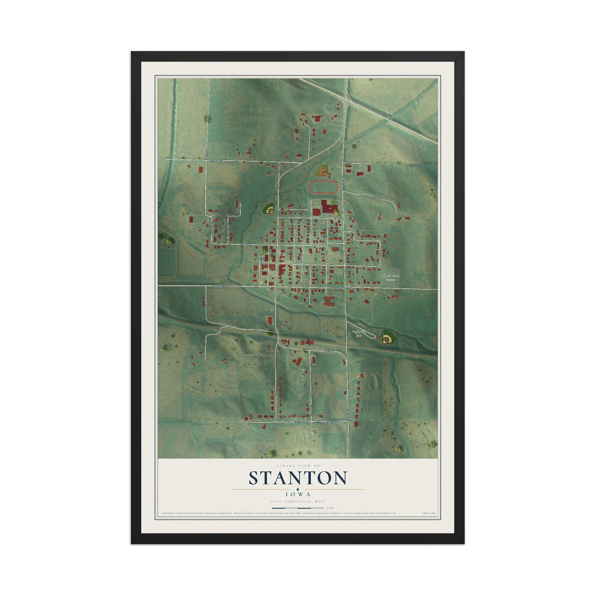 Map of Stanton, Iowa, 12 x 18 inch print in a black wood frame