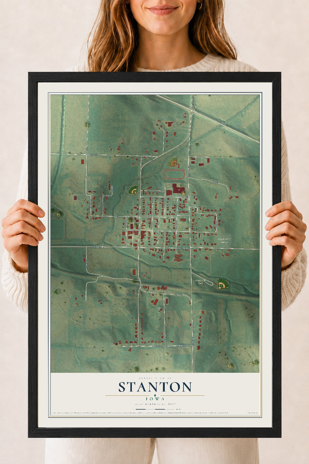 Map of Stanton, Iowa, 18 x 24 inch print in a black wood frame