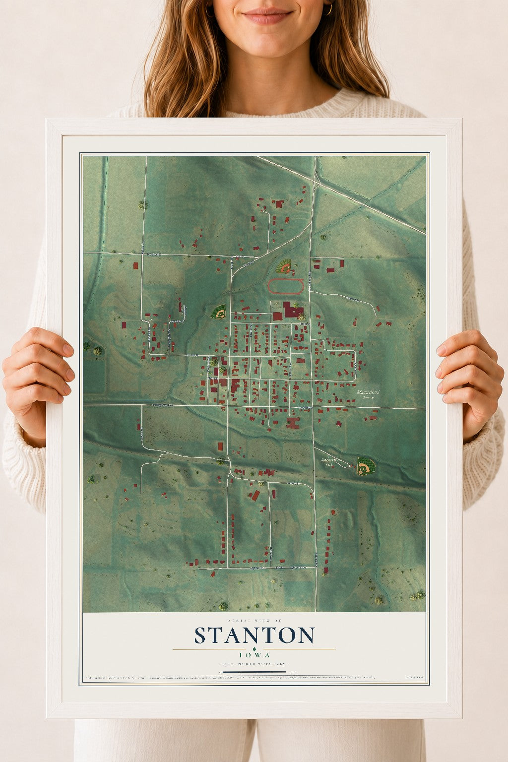 Map of Stanton, Iowa, 18 x 24 inch print in a white wood frame