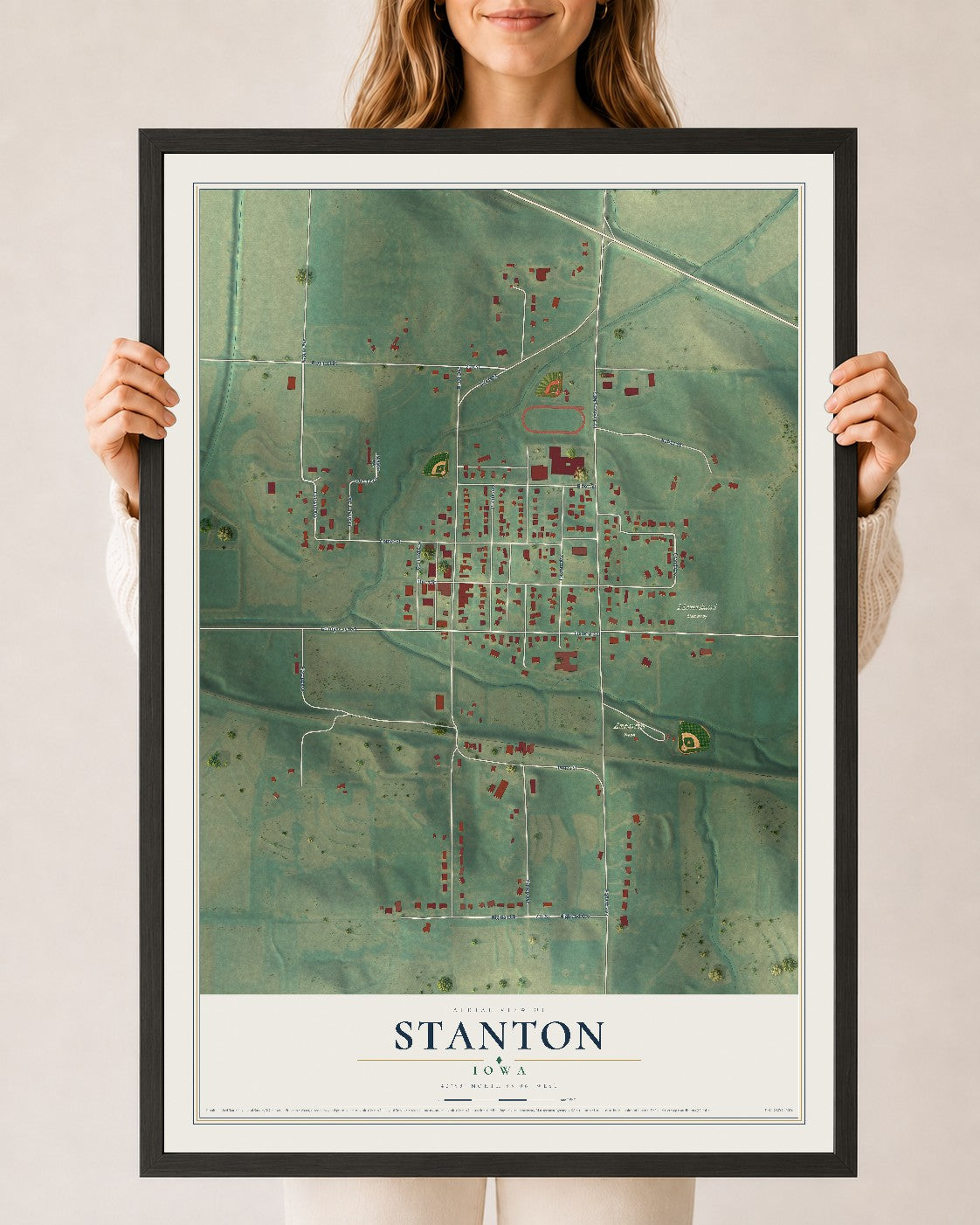 Map of Stanton, Iowa, 24 x 36 inch print in a black wood frame