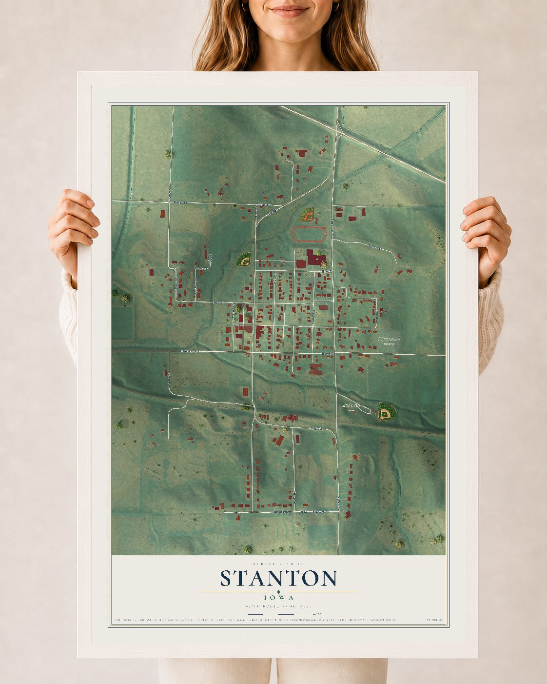Map of Stanton, Iowa, 24 x 36 inch print in a white wood frame