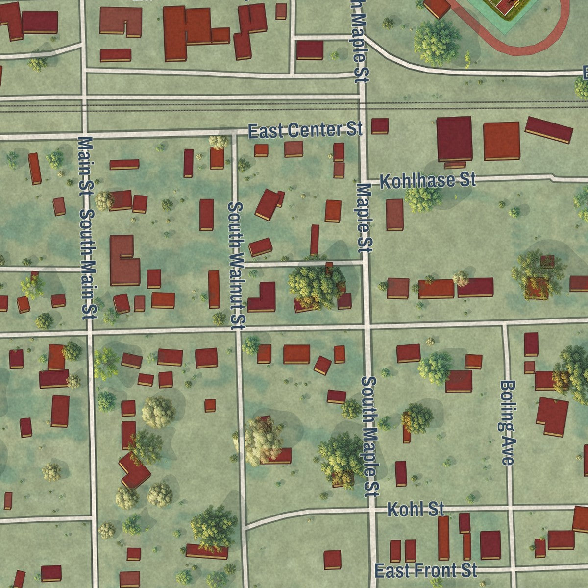 Close-up of the map of Stanwood, Iowa print showing street and building detail