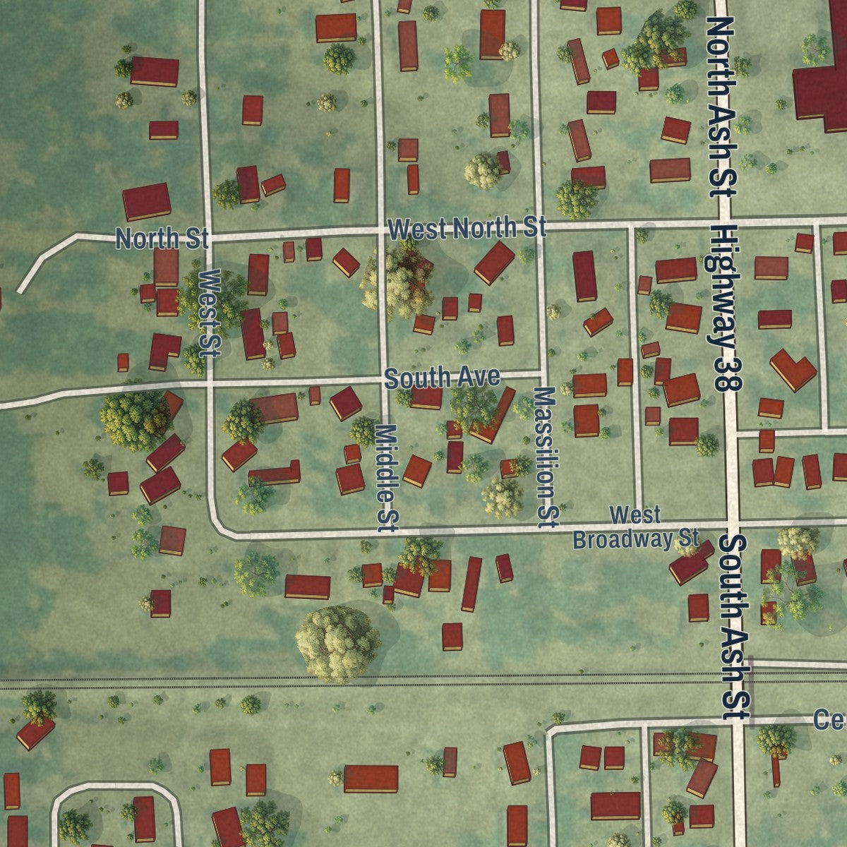 Second close-up of the map of Stanwood, Iowa print showing more streets and buildings