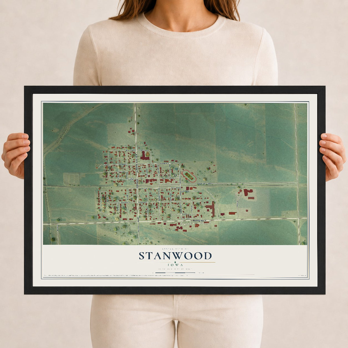 Map of Stanwood, Iowa, 12 x 18 inch print in a black wood frame