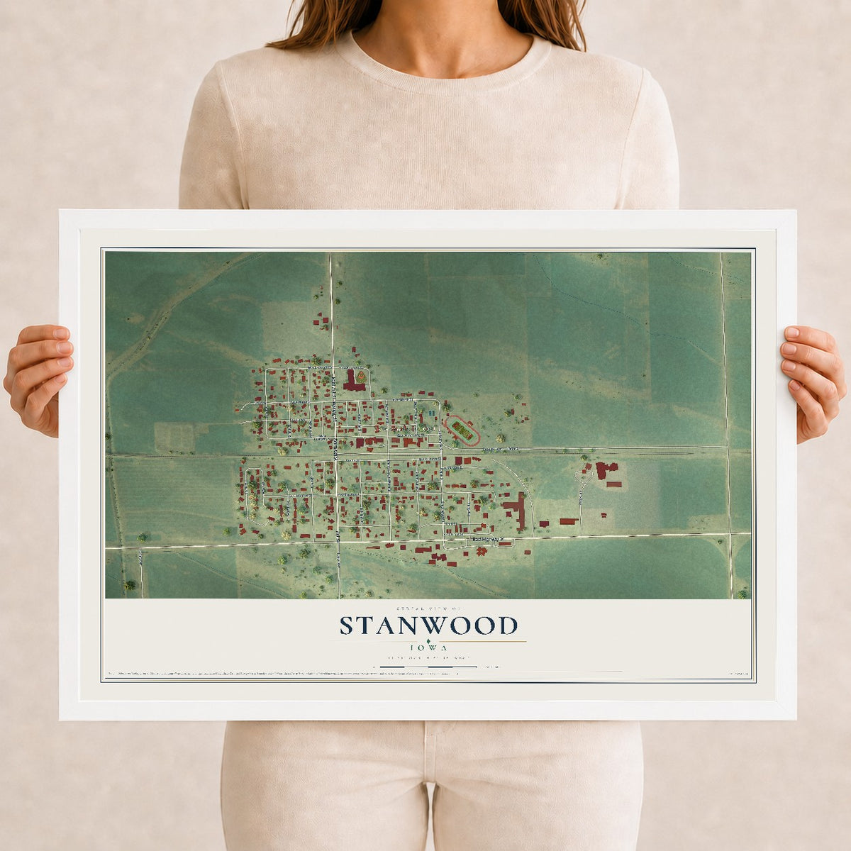 Map of Stanwood, Iowa, 12 x 18 inch print in a white wood frame