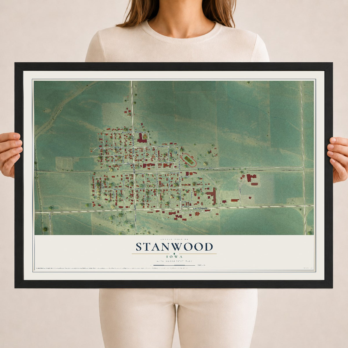 Map of Stanwood, Iowa, 18 x 24 inch print in a black wood frame