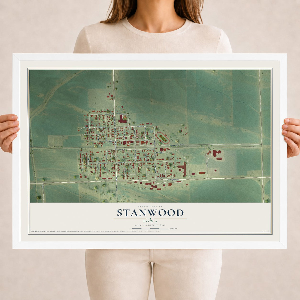 Map of Stanwood, Iowa, 18 x 24 inch print in a white wood frame