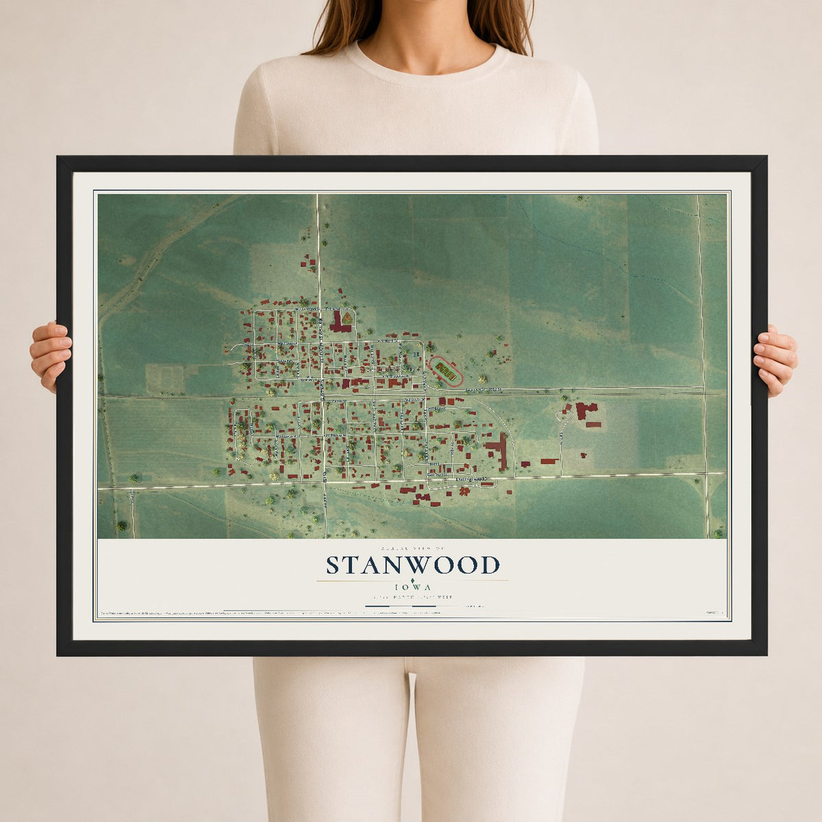 Map of Stanwood, Iowa, 24 x 36 inch print in a black wood frame