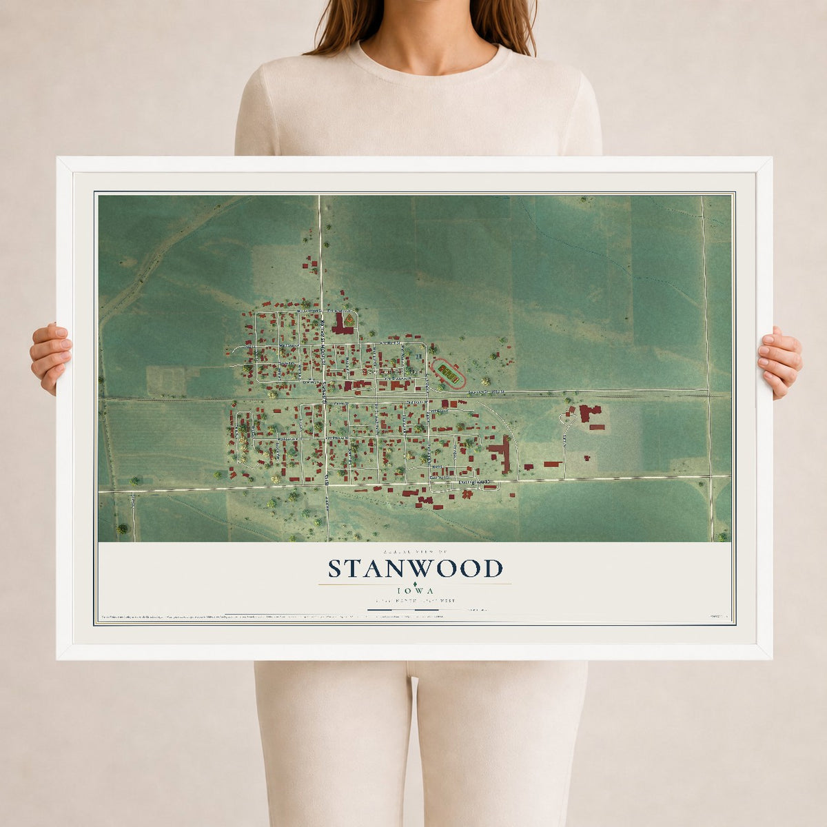 Map of Stanwood, Iowa, 24 x 36 inch print in a white wood frame
