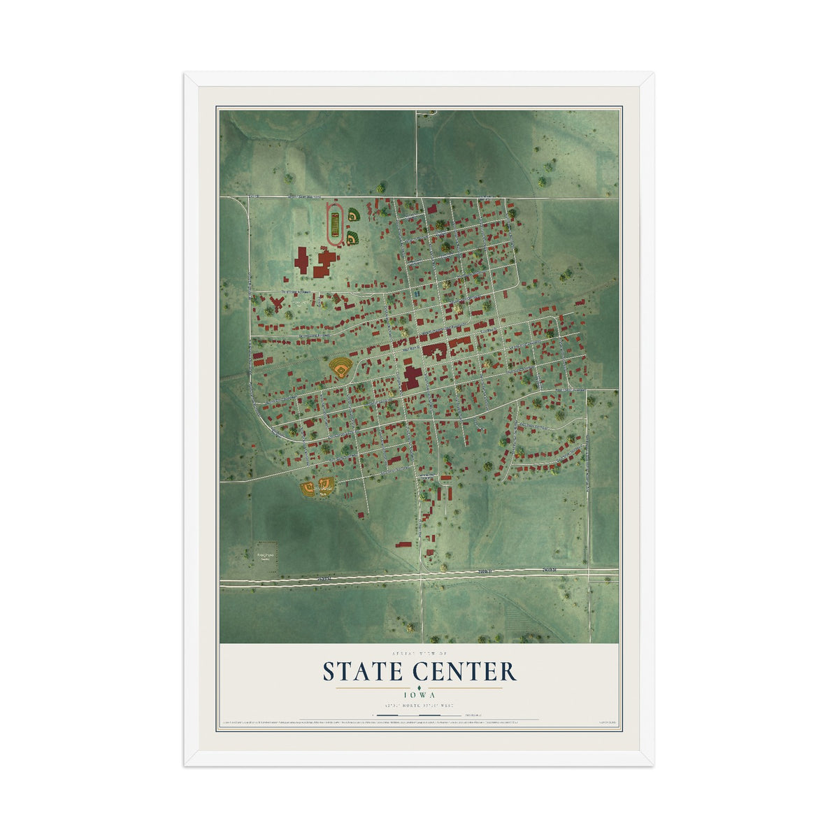 Map of State Center, Iowa, 12 x 18 inch print in a white wood frame