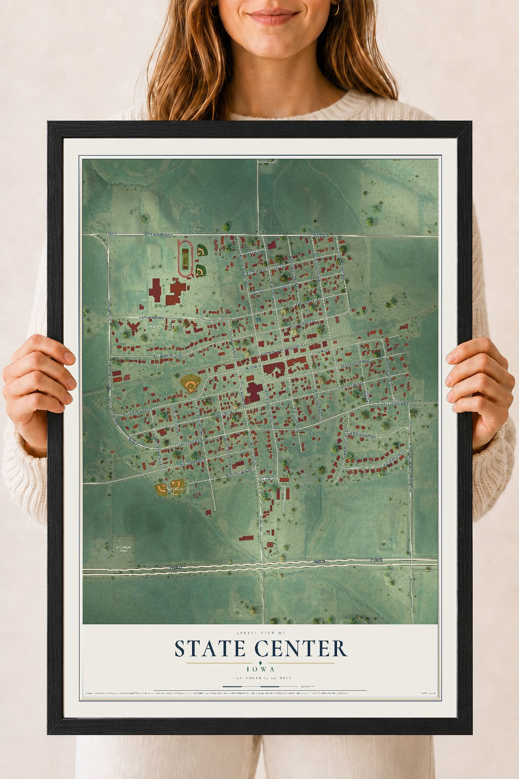 Map of State Center, Iowa, 18 x 24 inch print in a black wood frame