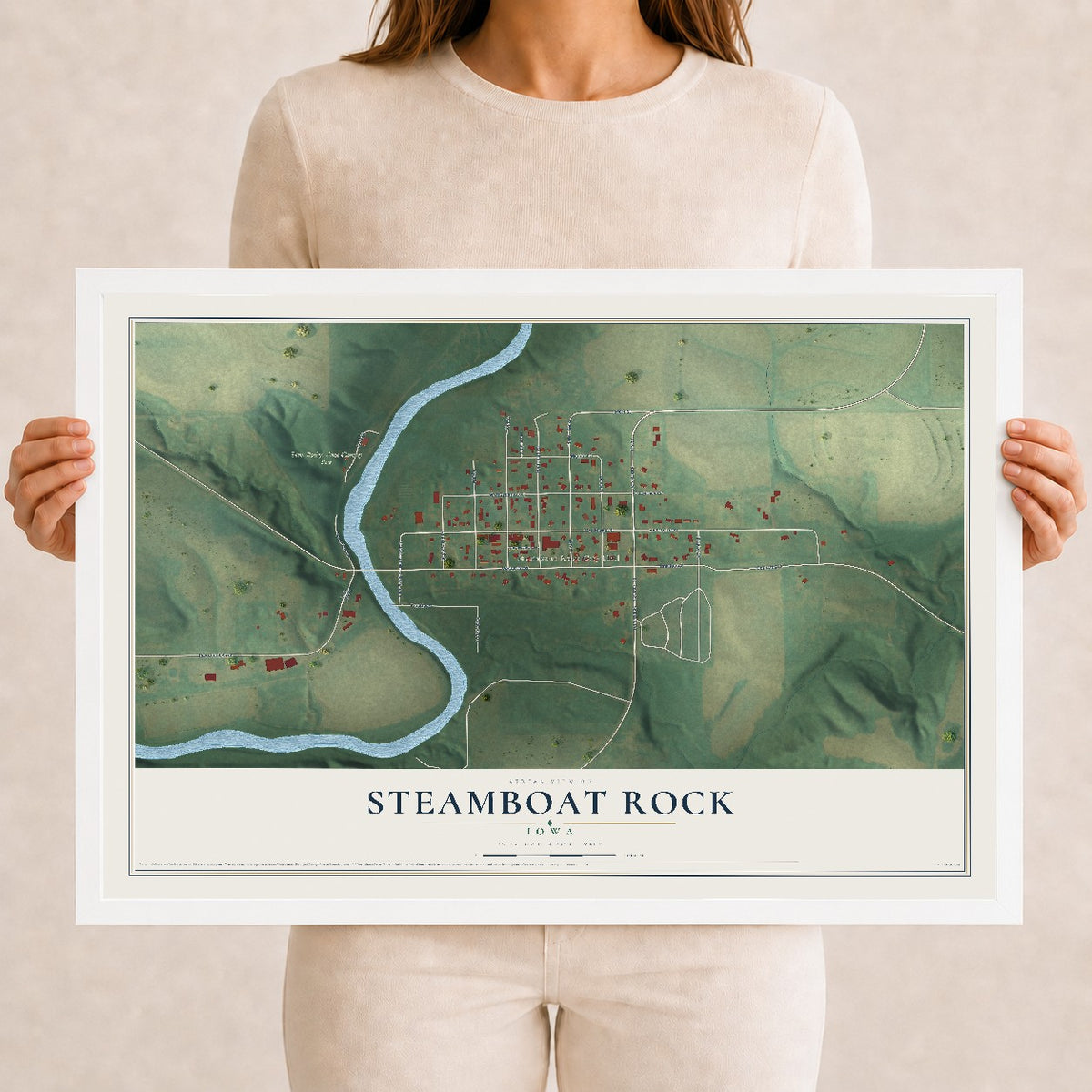 Map of Steamboat Rock, Iowa, 12 x 18 inch print in a white wood frame