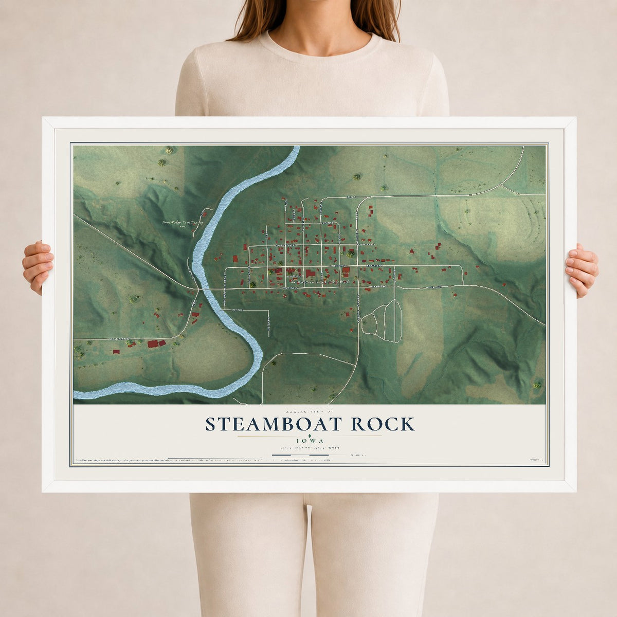 Map of Steamboat Rock, Iowa, 24 x 36 inch print in a white wood frame